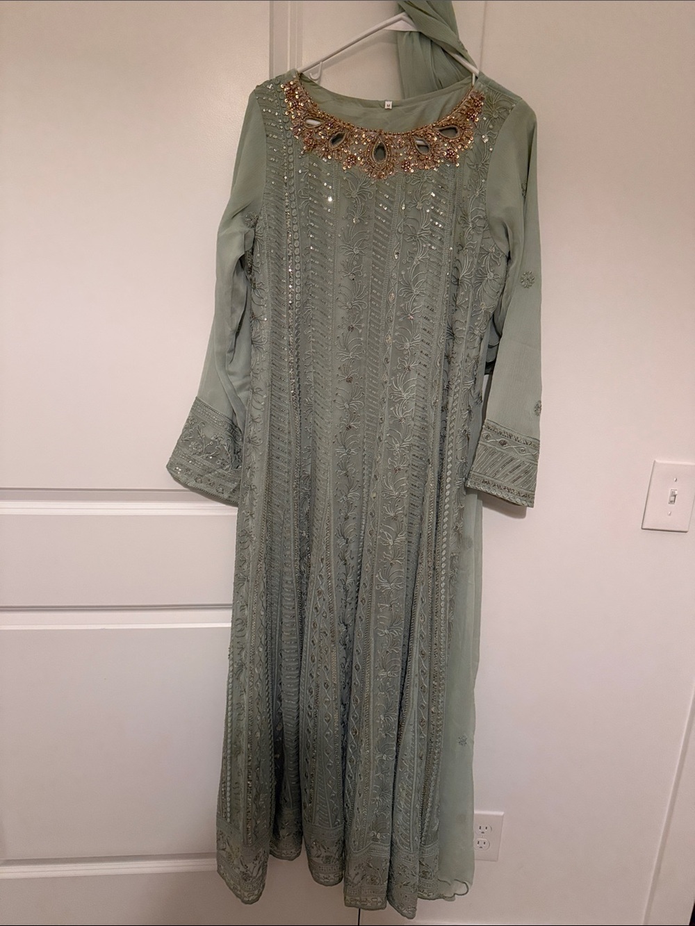 Sage green Pakistani suit for party wear
